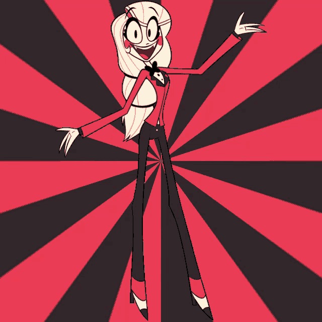 a cartoon character is standing in front of a black and red striped background