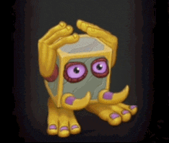 a cartoon monster with yellow hands and purple claws is holding a cube with purple eyes .