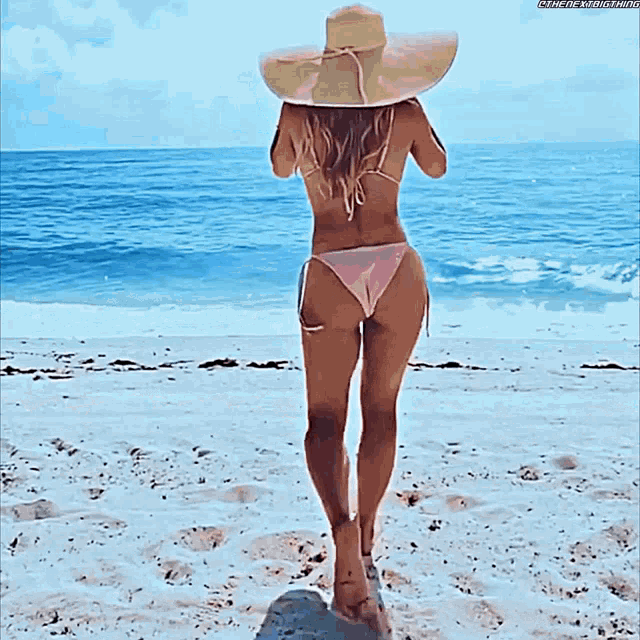 a woman in a bikini and a hat is walking on the beach