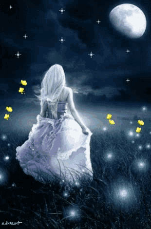 a woman in a purple dress sits in a field at night with a full moon in the background