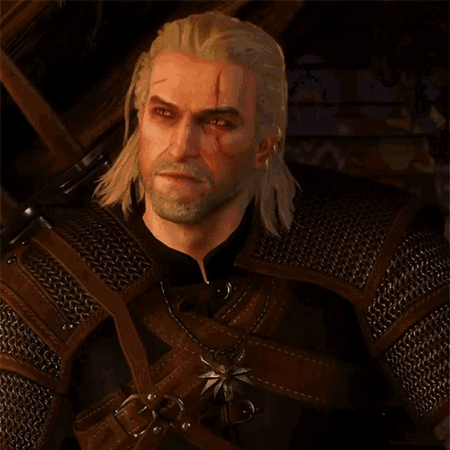 a man with white hair and a beard is wearing armor