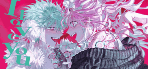 a couple of anime characters standing next to each other with the words " i love you " on the bottom