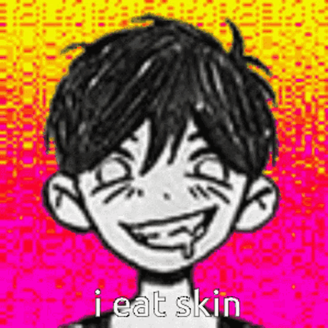 a black and white drawing of a boy with a smiley face and the words `` i eat skin '' written on it .