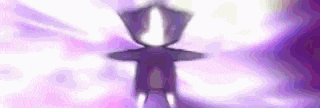 a purple and white cartoon character is standing in front of a purple and white background .
