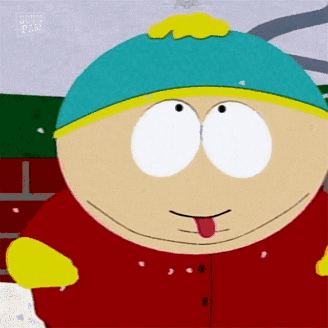 a cartoon character from south park is sticking his tongue out in the snow .