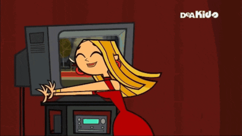 a cartoon of a woman sitting in front of a tv with deakido written on it