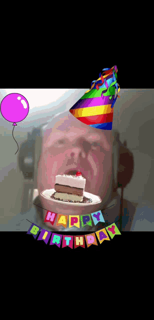 a man wearing a party hat is eating a piece of cake