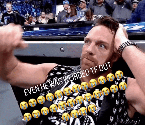 a man is sitting in a stadium with a caption that says even he was weirded tf out