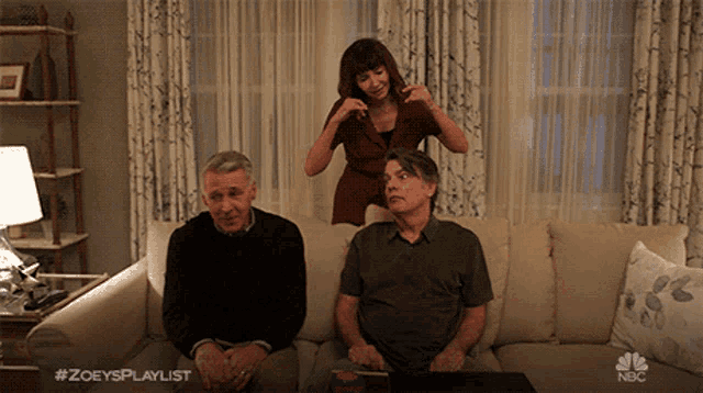 three people are sitting on a couch with the hashtag #zoeysplaylist on the bottom