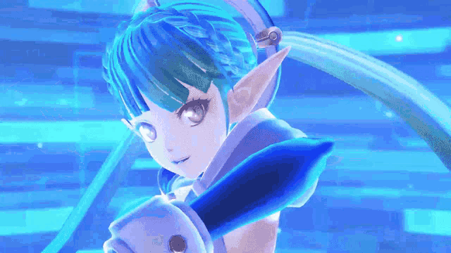 a girl with blue hair and ears is holding a sword