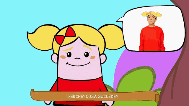 a cartoon of a girl with a speech bubble that says perché cosa succede