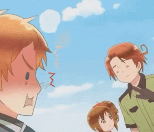 a group of anime characters are standing in front of a blue sky with a few clouds