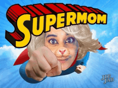 a woman in a supermom costume is pointing