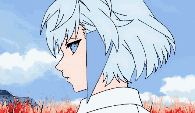 a drawing of a person with blue hair covering their face