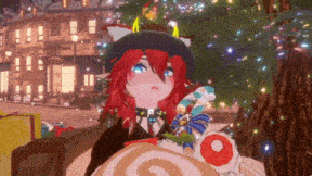 a girl with red hair and blue eyes is holding a candy cane
