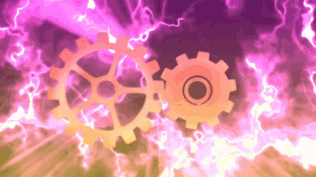 two gears on a purple background with lightning coming out of them