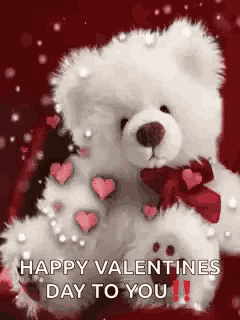 a white teddy bear with hearts on its paws is sitting on a red background and says `` happy valentines day to you ''