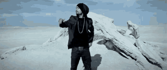 a man in a black jacket stands on top of a sandy hill