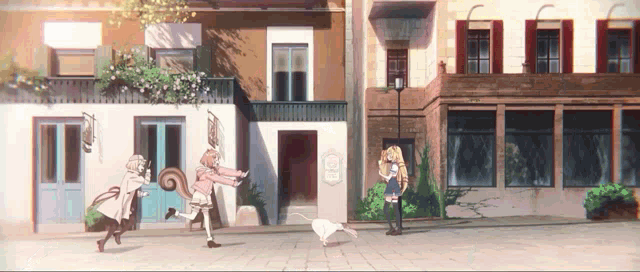 three girls are running down a street with a dog in front of a building that has the letter r on it