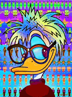 a cartoon of a duck with glasses and a rainbow hairdo