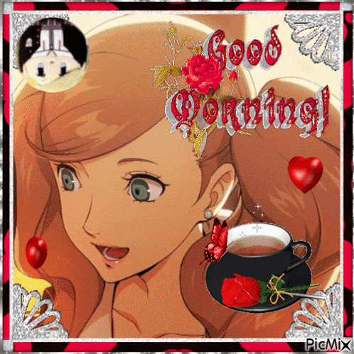 a picture of a woman with a cup of tea and the words good morning