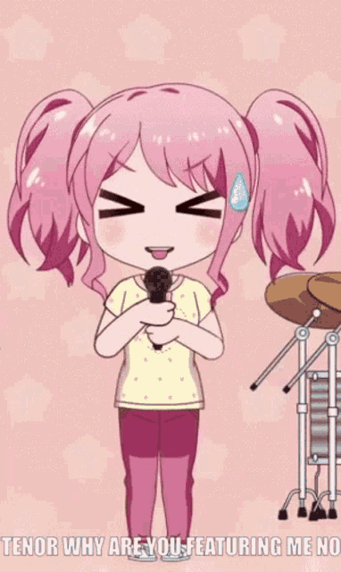 a cartoon of a girl holding a microphone with the words " tenor why are you featuring me no "
