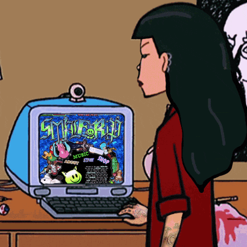 a cartoon of a woman looking at a computer screen that says ' smirkru ' on it