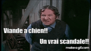 a man in a vest is standing in front of a wooden wall and says viande a chien !
