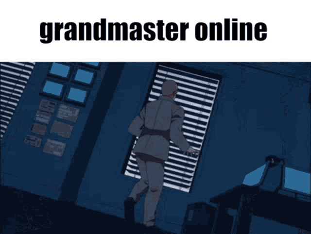 a man in a suit and tie is crawling on the floor with the words grandmaster online below him