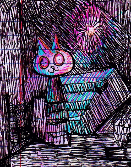 a drawing of a cat reading a book in a dark room with fireworks in the background