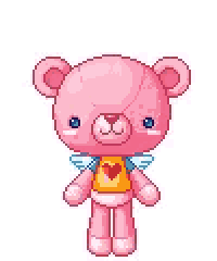 a pixel art illustration of a pink teddy bear with wings and a heart on his chest .