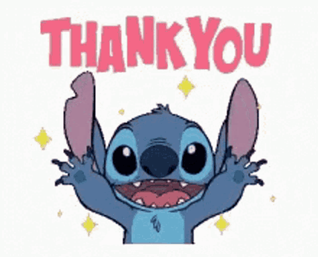 a stitch cartoon character is saying thank you with his arms outstretched .