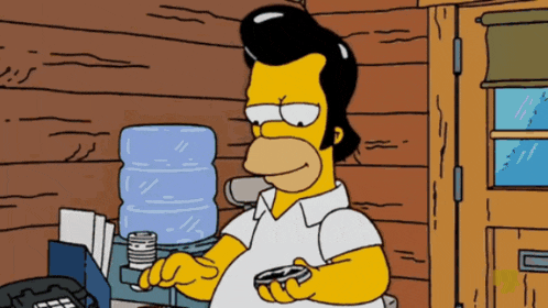 a cartoon of homer simpson holding a coin in front of a water cooler