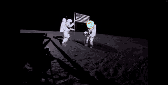 a drawing of two astronauts on the moon with a smiley face on their faces
