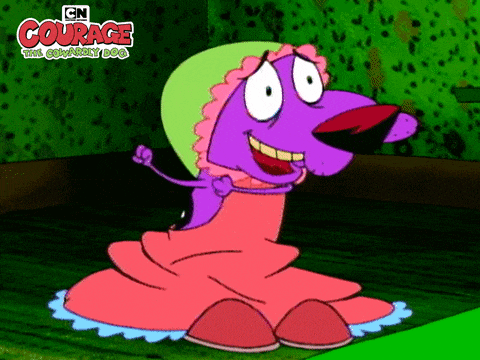 a cartoon character from courage the cowardly dog is wearing a pink dress and slippers