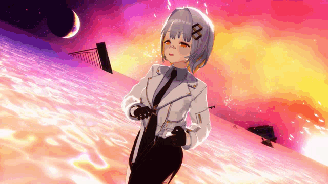 a girl with the number 8 on her head is standing in front of a sunset