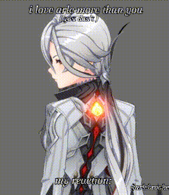 a cartoon of a girl with white hair and a red flame on her back