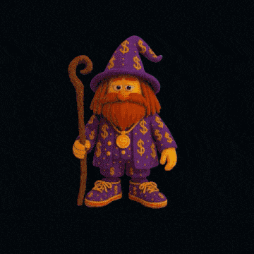 a cartoon character with a beard wearing a purple wizard outfit with dollar signs on it