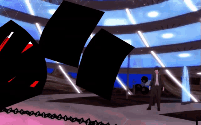 a man in a suit stands in front of a large black object in a room