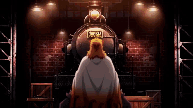 a man in a white cape stands in front of a train with chinese writing on the front