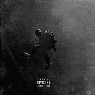 a parental advisory explicit content album cover with a man falling