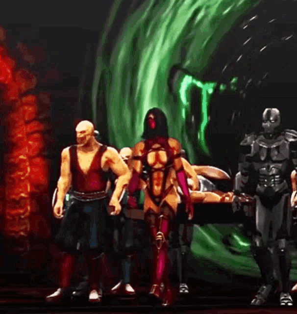 a group of video game characters are standing in front of a green wall