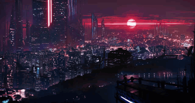 an artist 's impression of a futuristic city with a red moon in the background