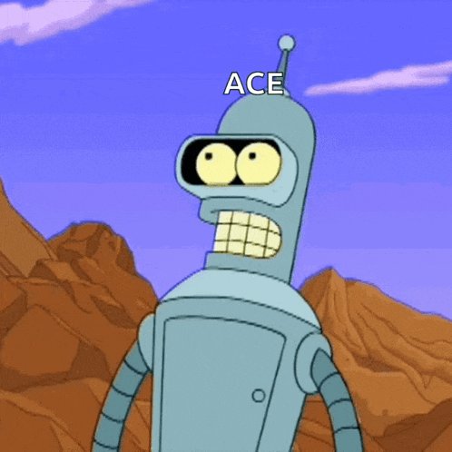 bender from futurama is standing in front of mountains