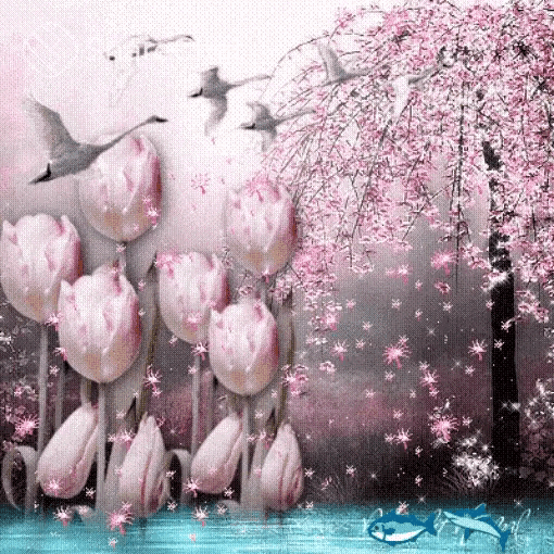 a painting of pink flowers and a tree with birds flying in the background
