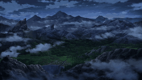 a painting of a mountain landscape with a lake in the middle