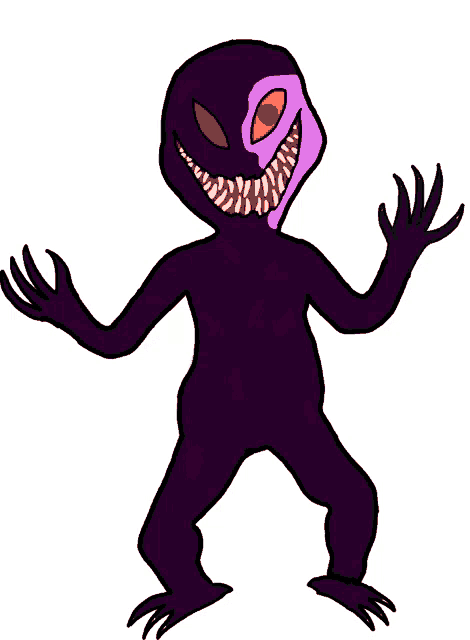 a cartoon drawing of a purple monster with a purple face and red eyes .