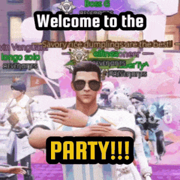 a man wearing sunglasses stands in front of a sign that says welcome to the party !!!