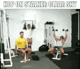 a group of men are doing exercises in a gym with a caption that says `` hop on stalker clear sky '' .