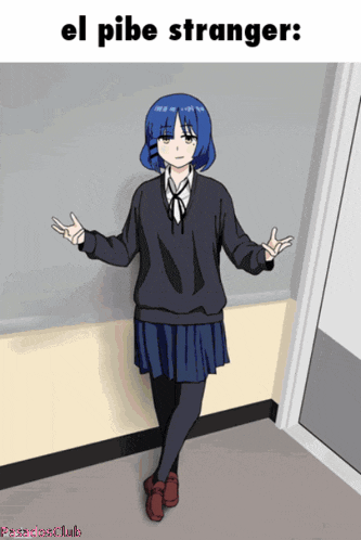 a girl with blue hair is standing in a hallway with the words el pibe stranger above her